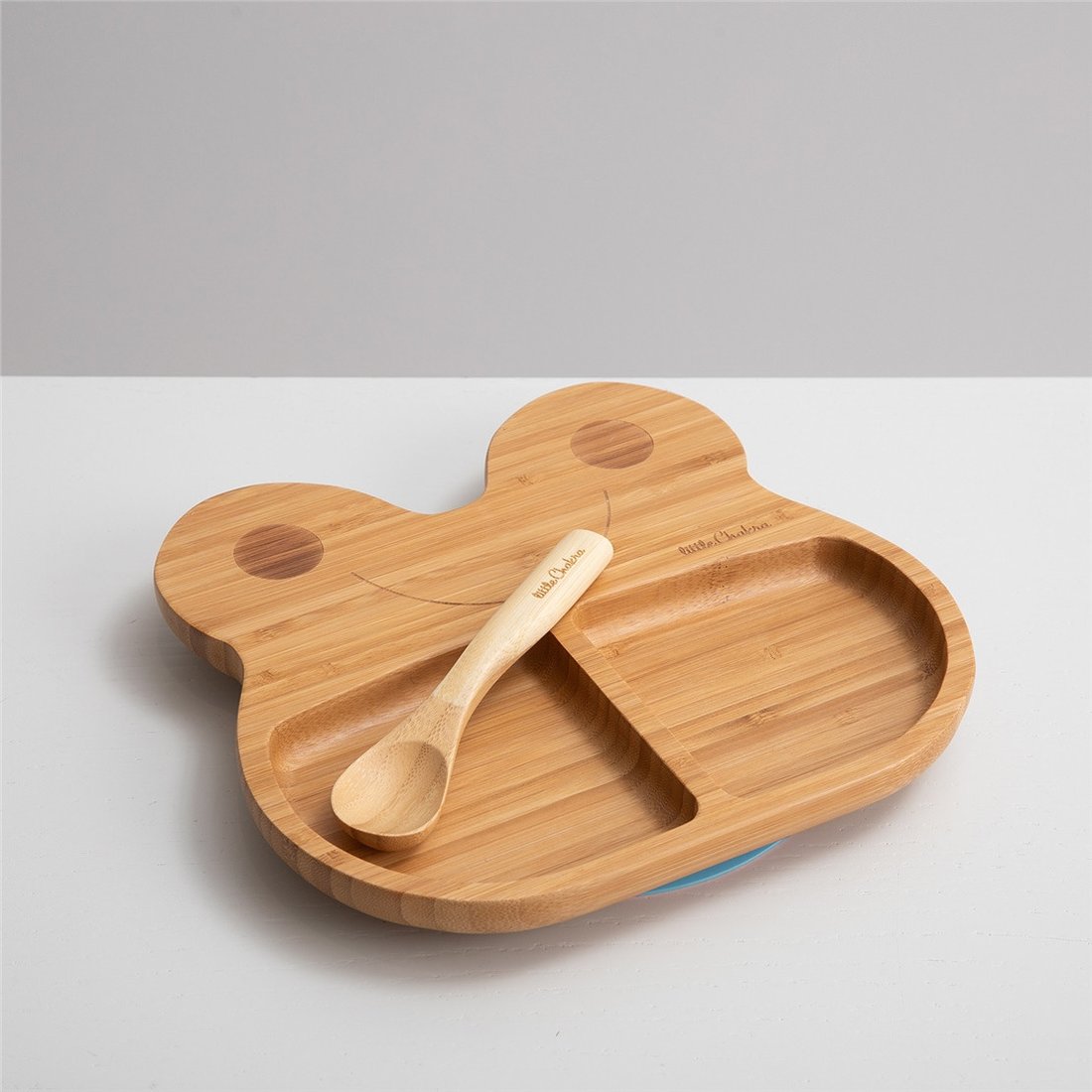 Деревянная тарелка из бамбука на присоске Лягушка + ложечка, голубая