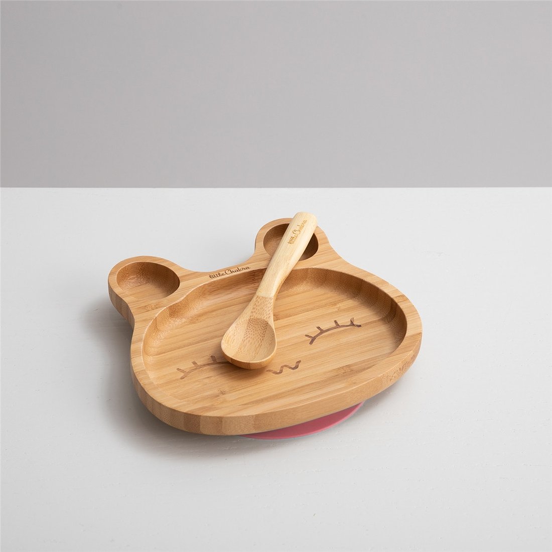 Деревянная тарелка из бамбука на присоске розовая Кролик + ложечка