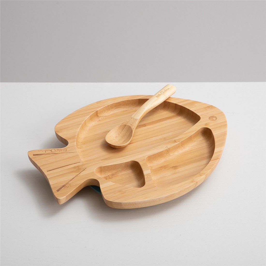 Деревянная тарелка из бамбука на синей присоске Рыбка + ложечка