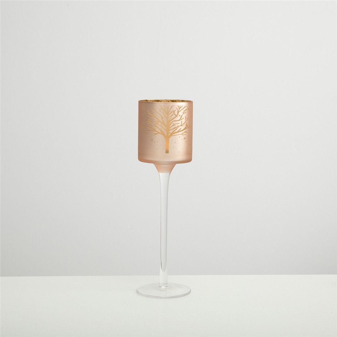 Свічник на високій ніжці матовий скляний BLANIE 7х25 см рожеве золото. Новорічне сервірування столу!