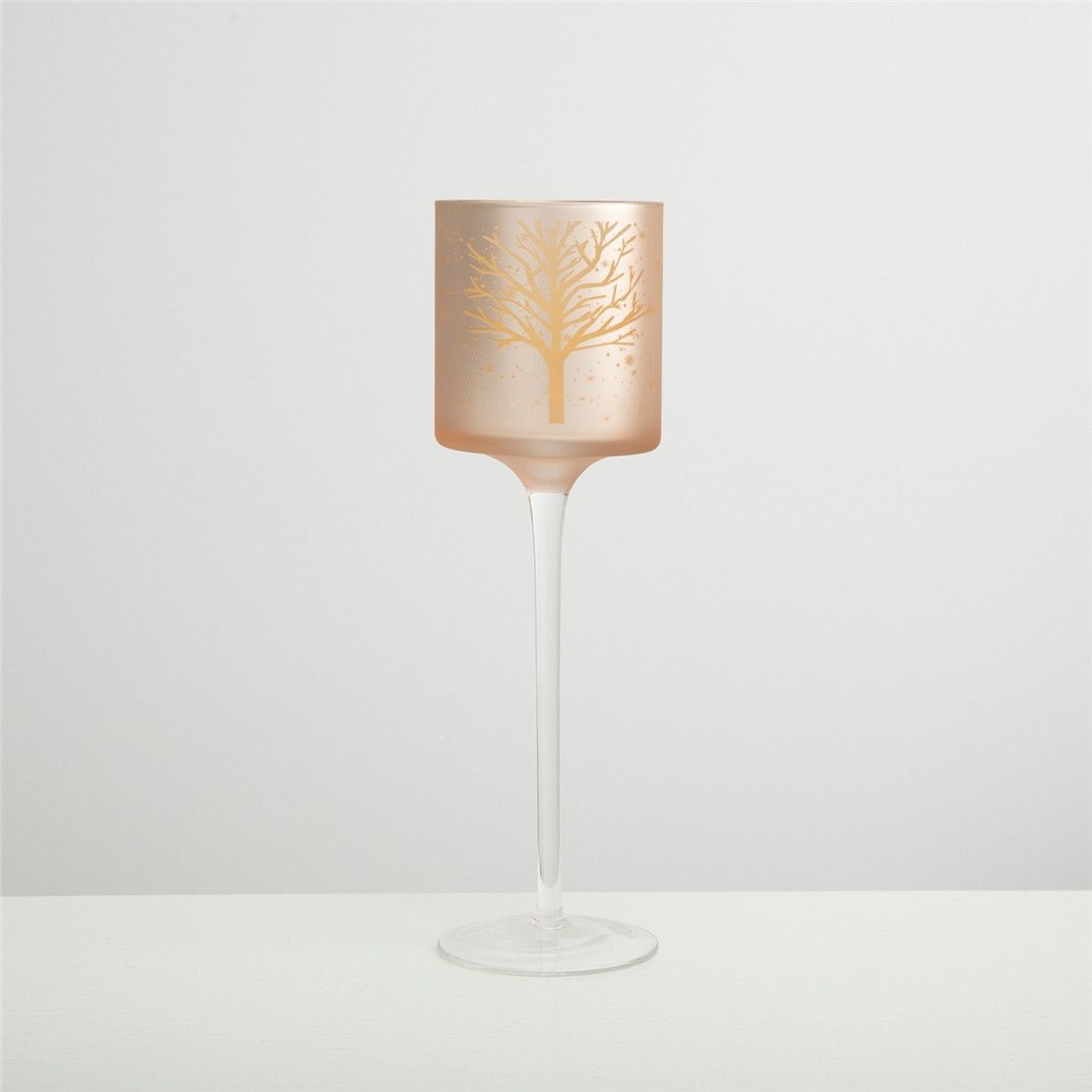 Свічник на високій ніжці матовий скляний BLANIE 9х30 см рожеве золото. Новорічне сервірування столу!