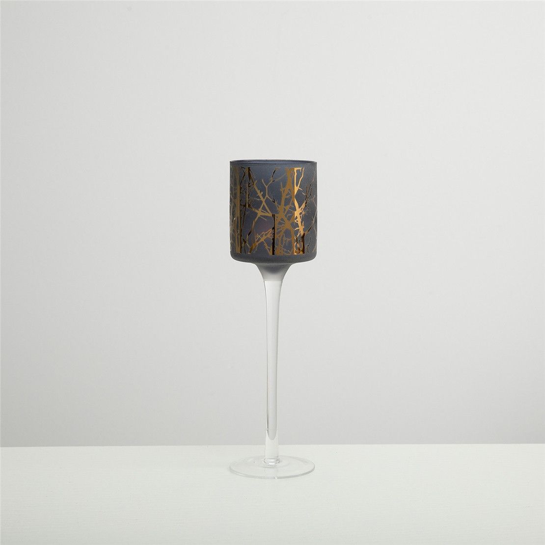Свічник на високій ніжці матовий скляний HADRIAN 7х25 см графітовий. Новорічне сервірування столу!