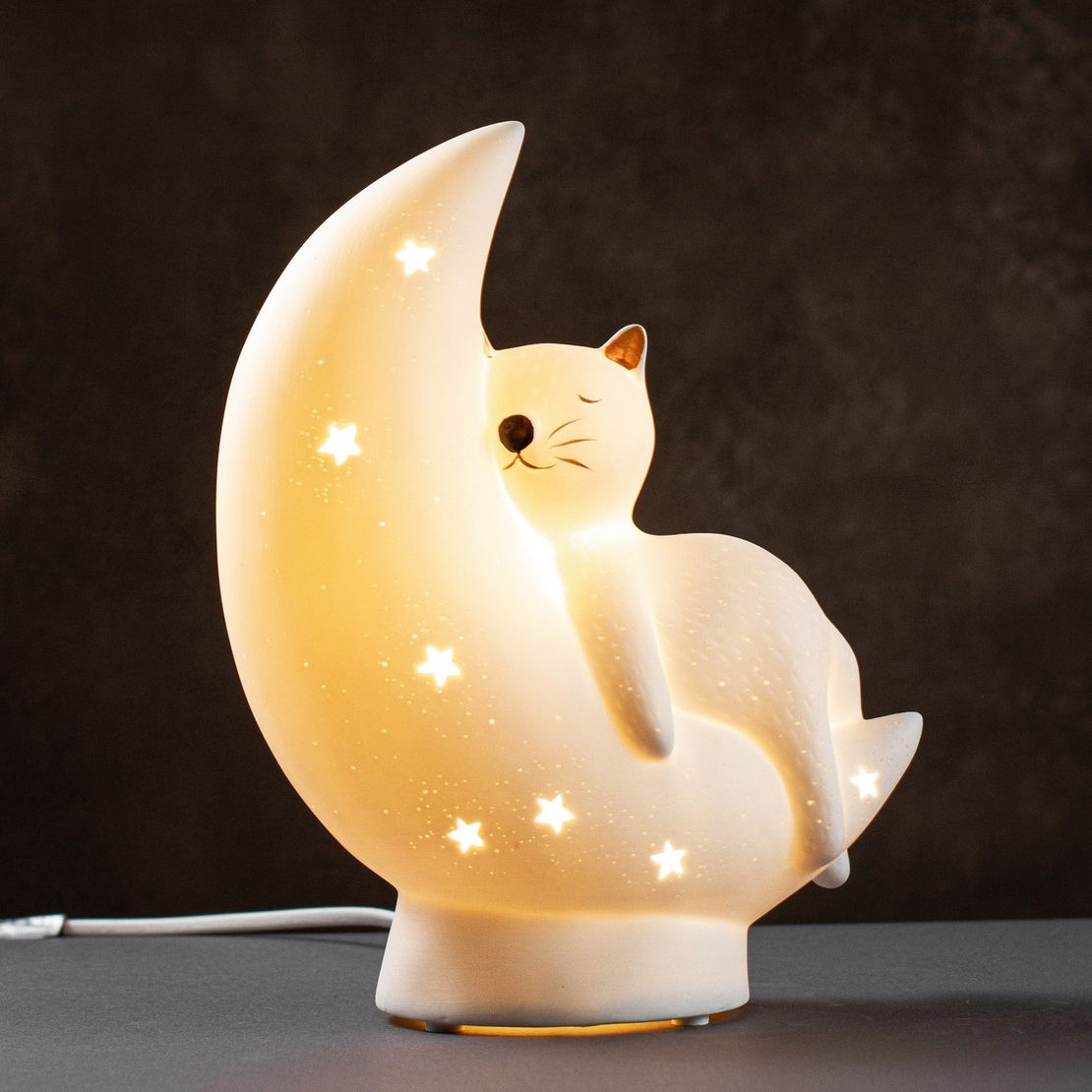 Настільна порцелянова лампа-нічник "Кіт на місяці", ручна робота, з регулюванням кольору освітлення 16 кольорів!