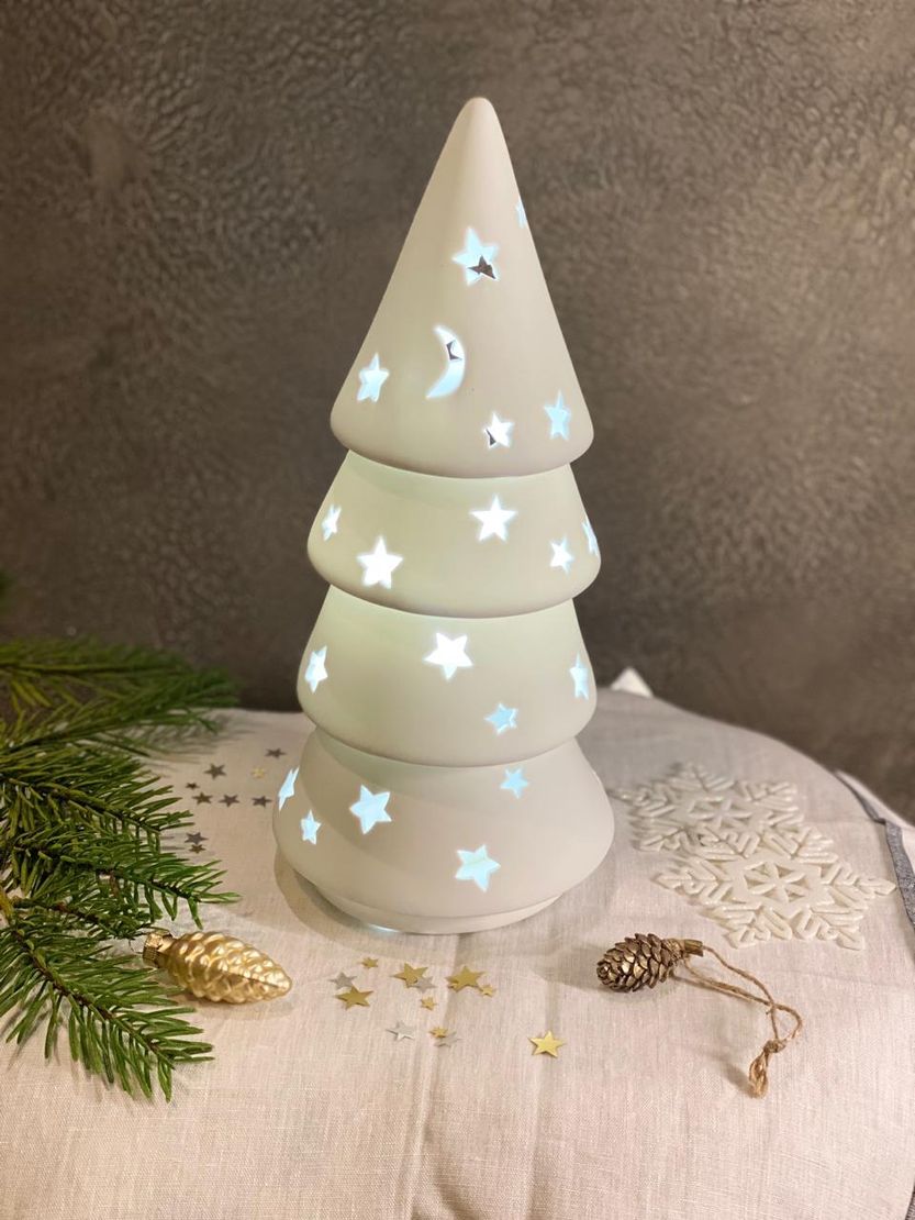 Новорічна настільна порцелянова лампа-нічник "Ялинка" з освітленням 16 кольорів