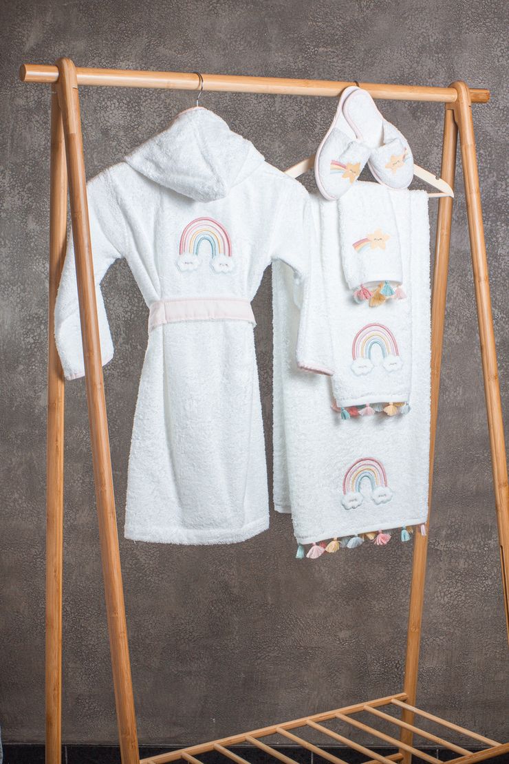 Детский махровый халат Rainbow, для девочки с аппликацией Радуга единорога 7-8 лет, белый