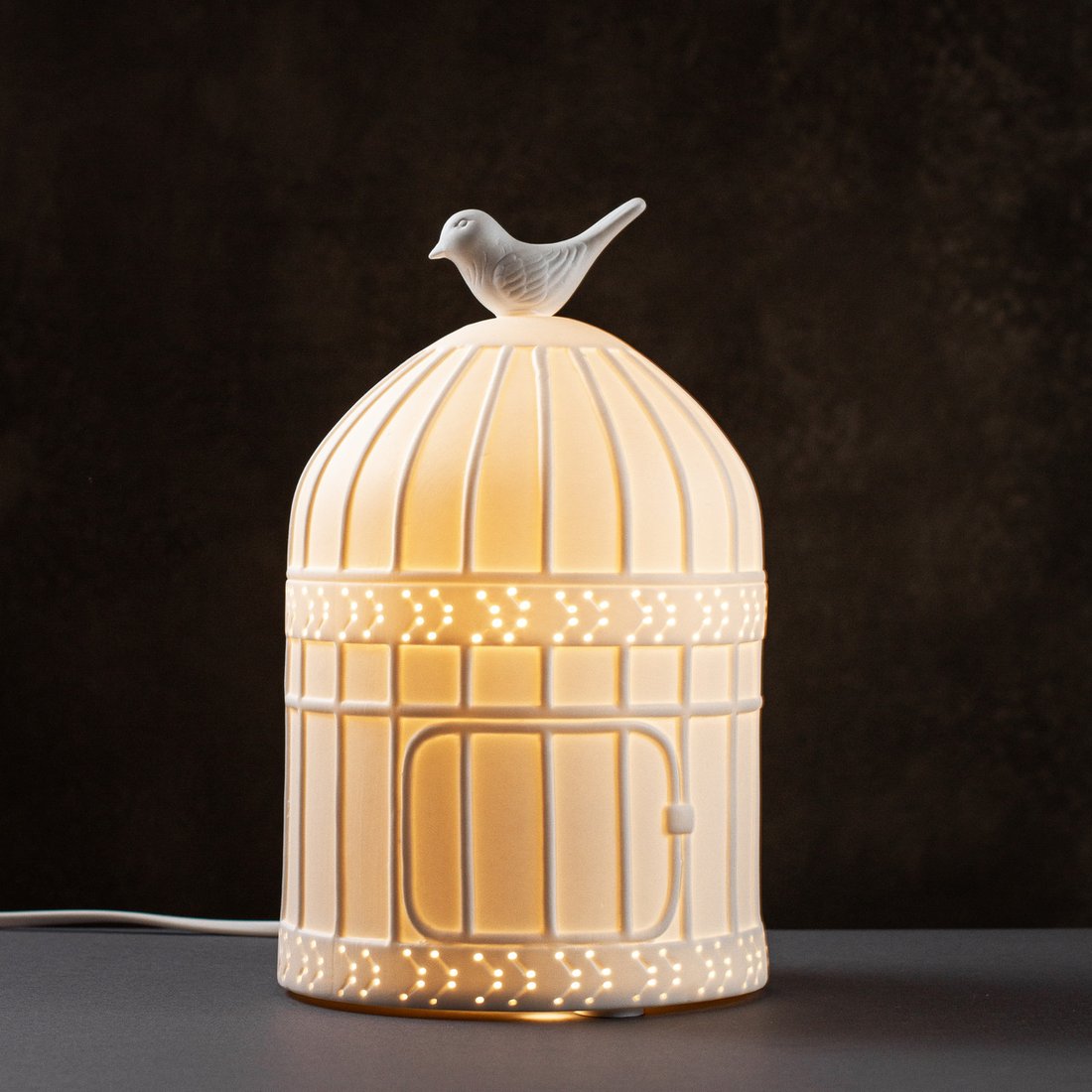 Настольная фарфоровая лампа-ночник "Птичка и клетка", ручная работа, с регулировкой цвета освещения 16 цветов!
